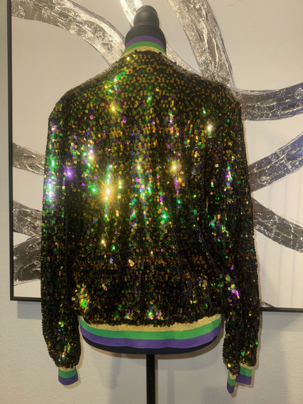 Purple, Green, and Gold Sequin Bomber Jacket - Picture 6 of 7